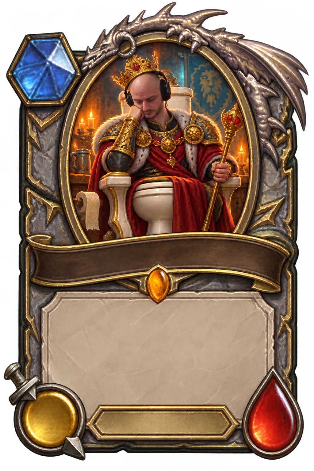 A painted legendary card with a silver dragon frame and Sushopapi as a crowned, headphone-wearing king on a porcelain throne